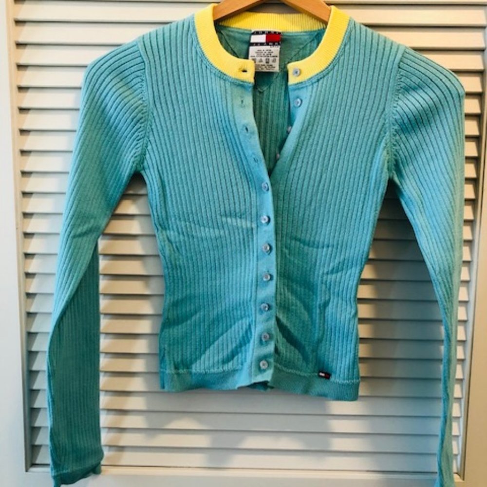 Tommy Jeans Cardigan 100% Cotton Colorblock Aqua Yellow Crewneck S / P